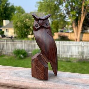 Vintage Ironwood Hand Carved Wooden Owl Bird  Figurine Sculpture 6” MCM Decor